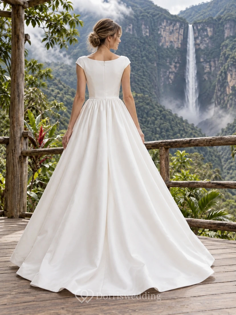Vestido de novia de satén con escote barco, mangas cortas, cintura fruncida y falda en línea A. view 2