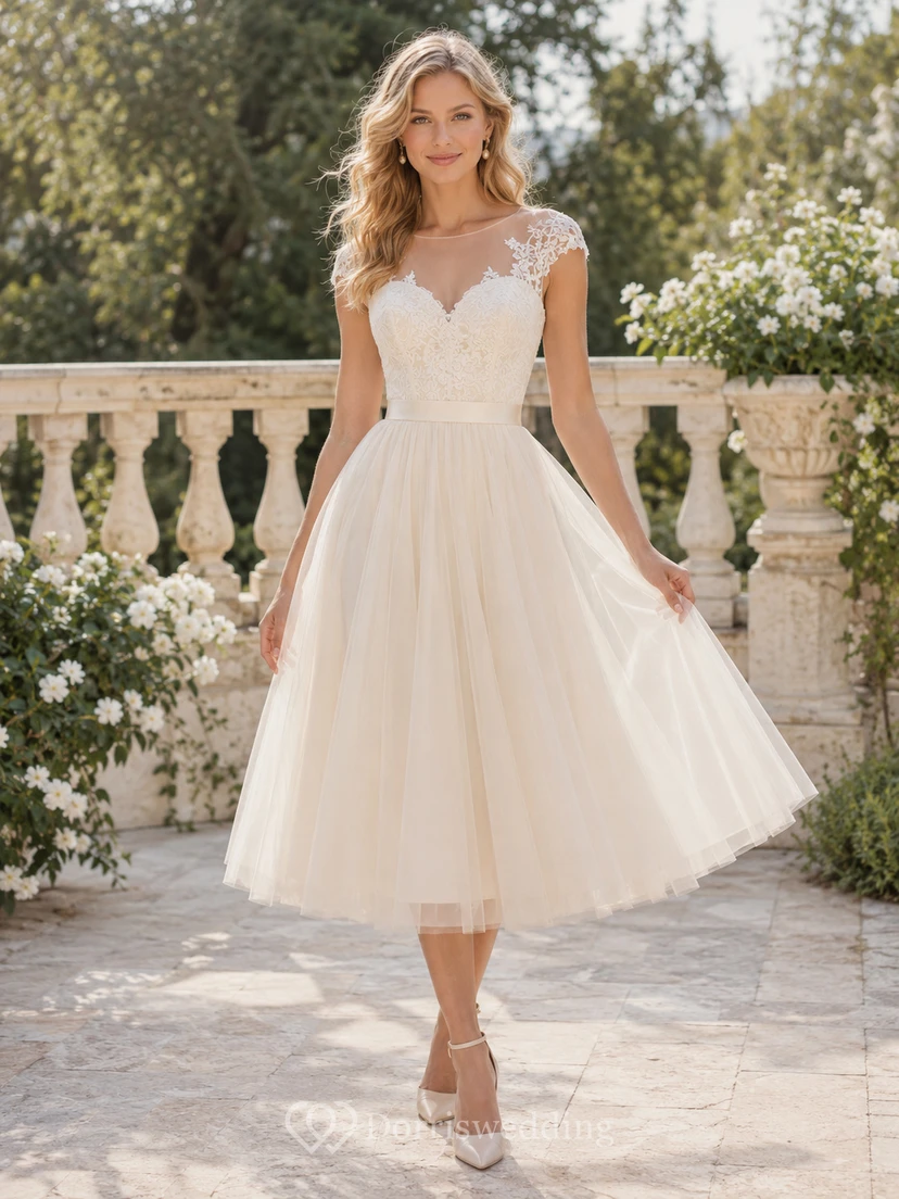 Vestido de novia romántico de tul con escote barco, manga corta y largo hasta la rodilla, estilo jardín.