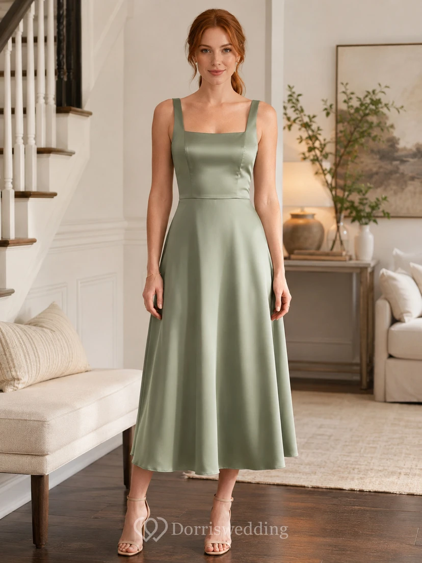 Sage Square Neck Wide Strap Satin A Line Midi Dress