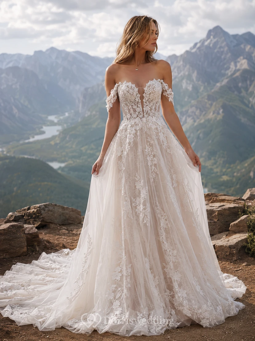 Off-the-Shoulder Boho Wedding Dress with 3D Floral Lace, Corset Bodice & Full A-Line Train