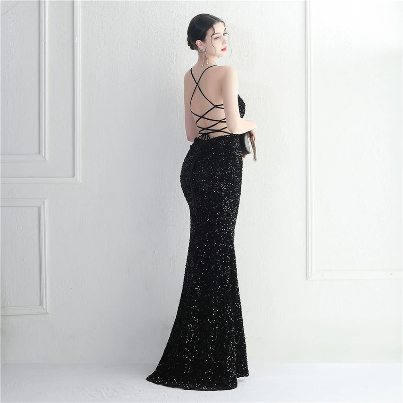 Vestido largo de noche con cola de pez, estilo europeo y americano, con lentejuelas y parte inferior de terciopelo. view 53