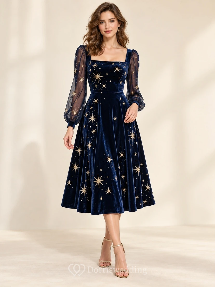 Dark Navy Square Neck Sheer Poet Sleeve Velvet Cocktail Dress