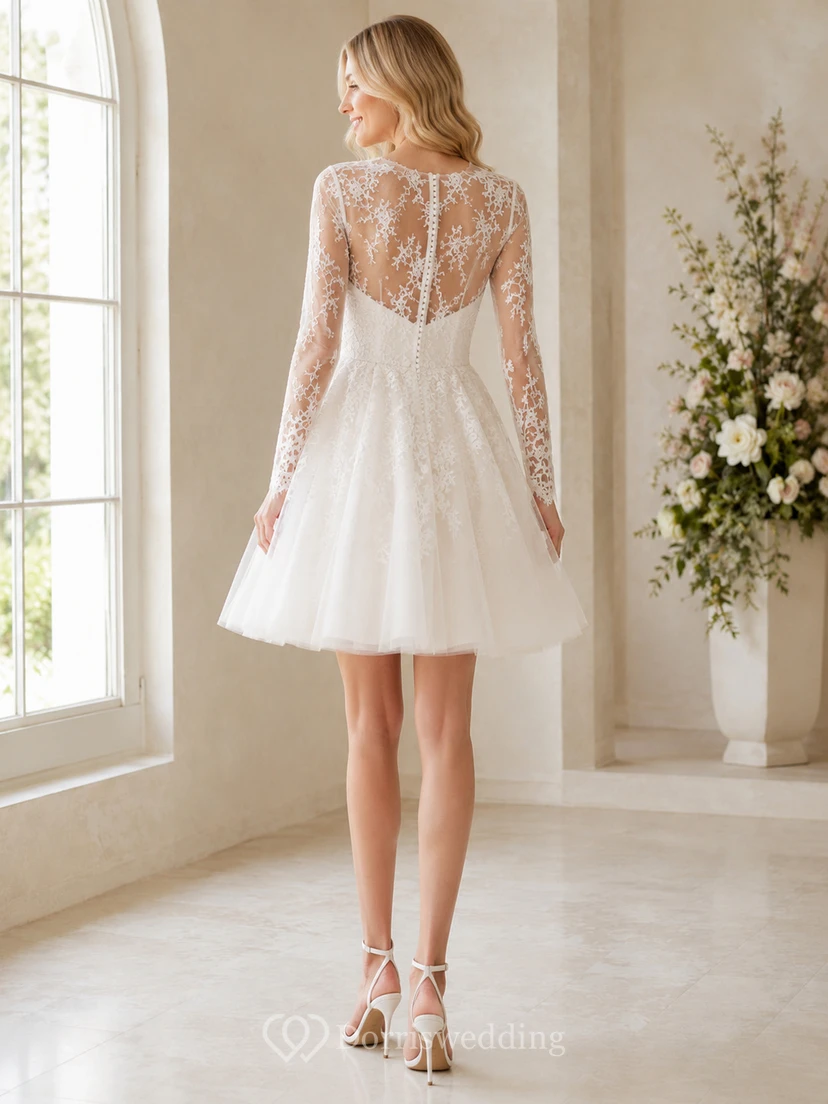 Vestido de recepción nupcial romántico corto de encaje con cuello alto y mangas largas efecto ilusión view 2