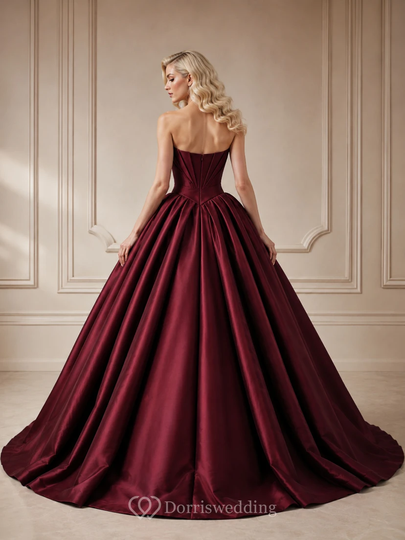 Burgundy Modern Strapless Notched Pleated Mikado Satin Quinceanera Princess Chapel Train Ball Gown view 2