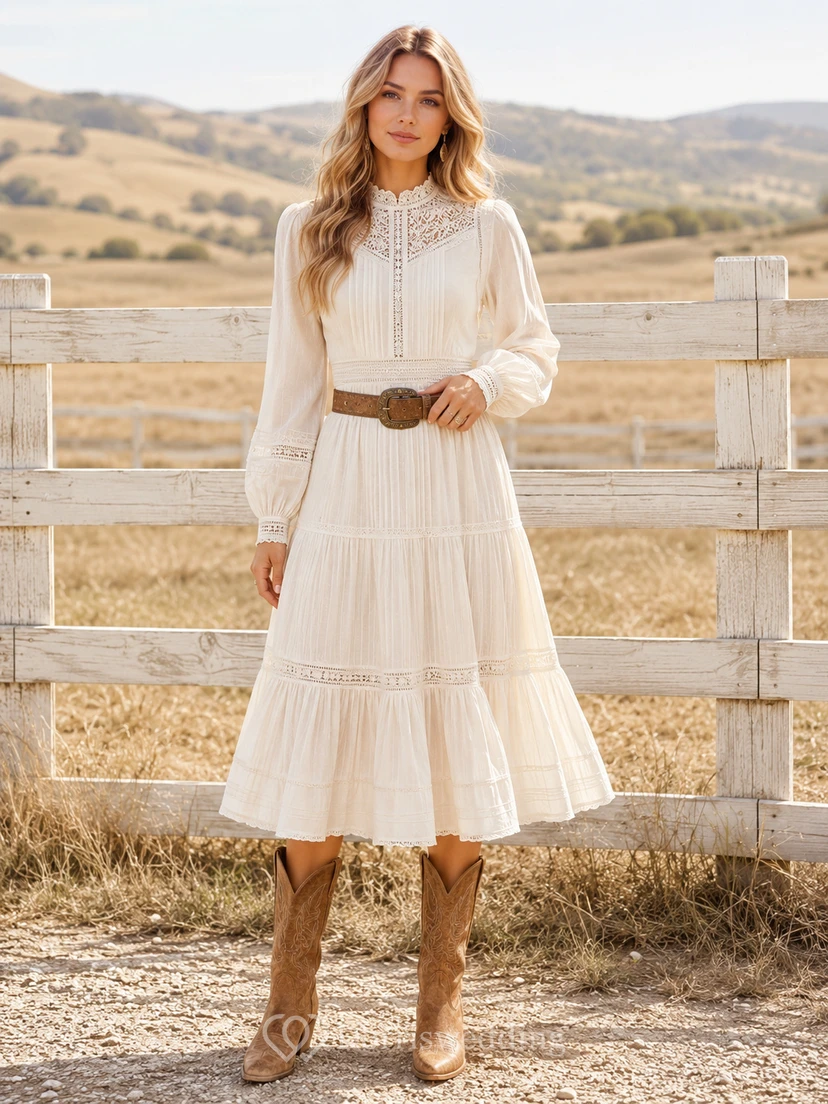Ivory High Neck Poet Sleeve Tiered Country Lace Dress Bohemian