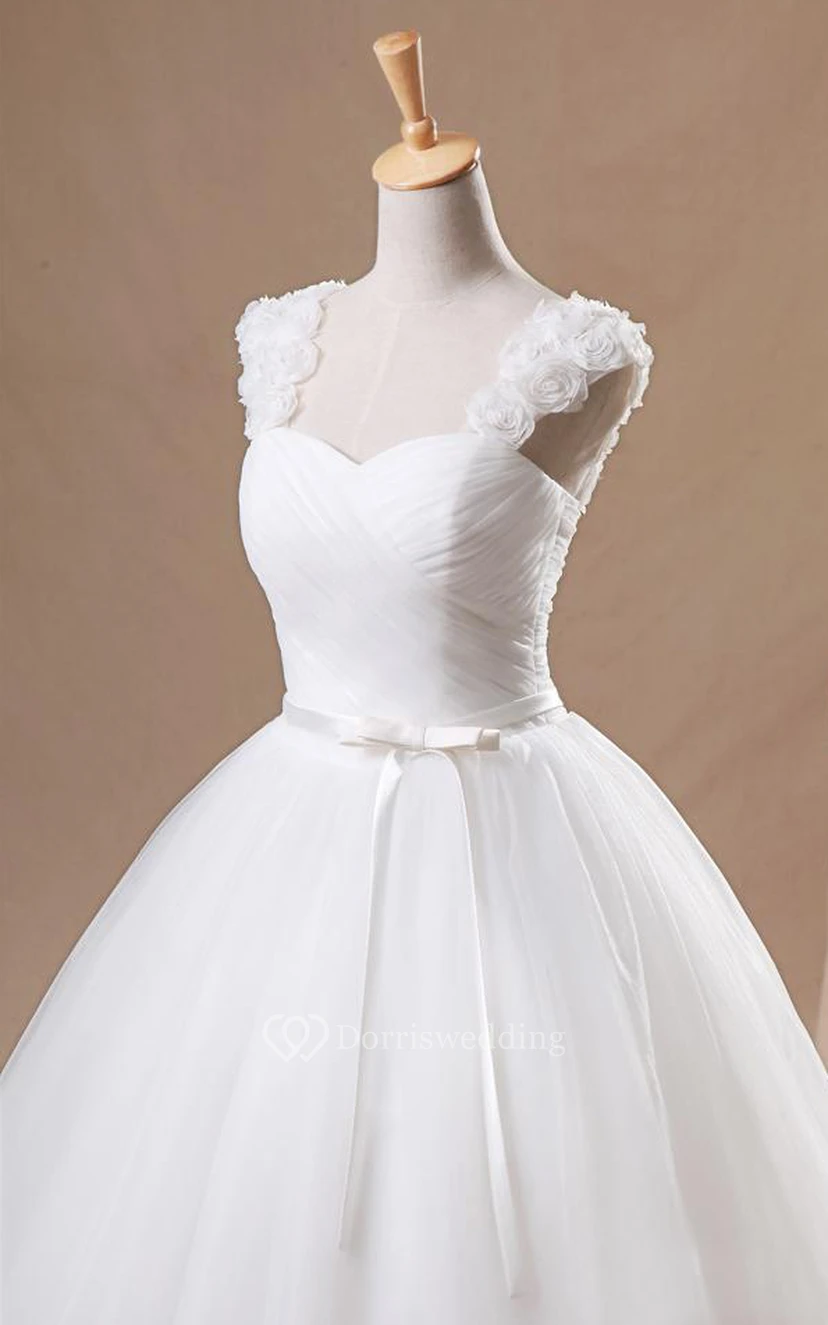 Ball Gown Mini Straps Sweetheart Sleeveless Bell Cap Flower Chapel Train Corset Back Straps Tulle Lace Dress view 2