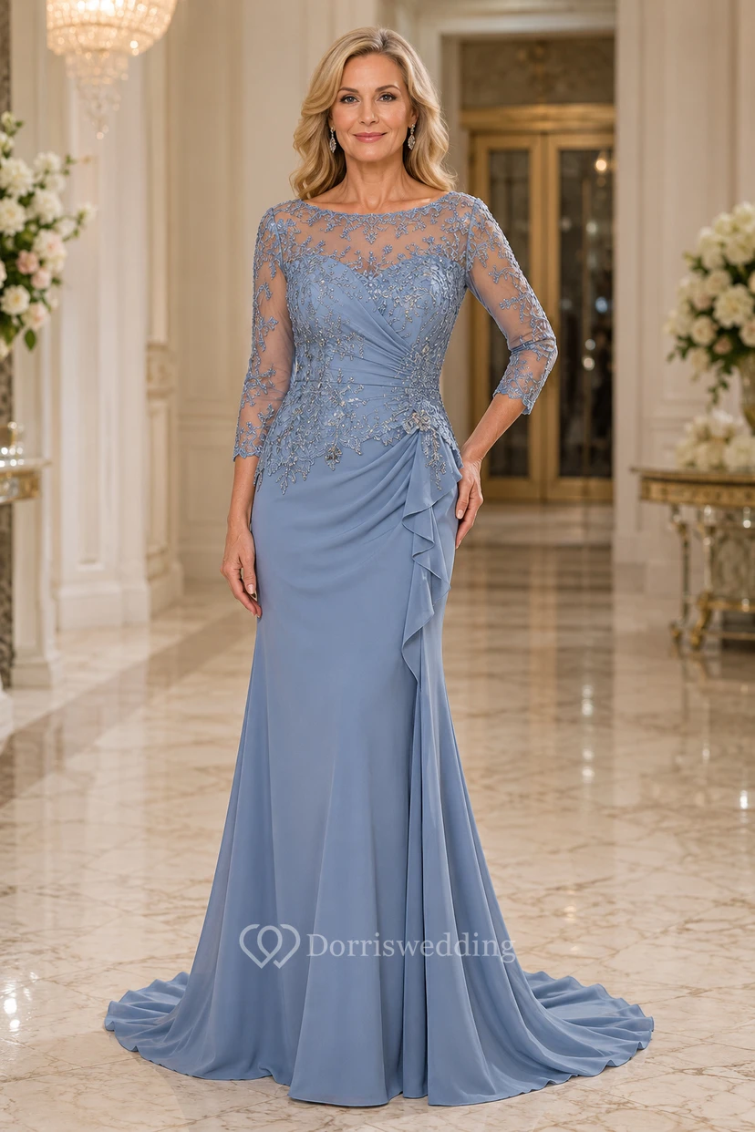 Vestido de sirena para madre con corpiño de encaje azul empolvado y cola larga.