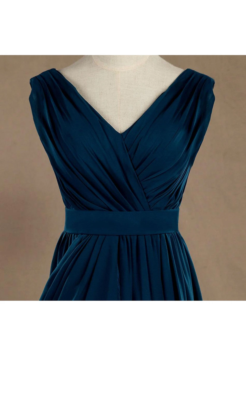 Cap Sleeve V Neck A-line Pleated Chiffon Long Dress With Side Draping view 4