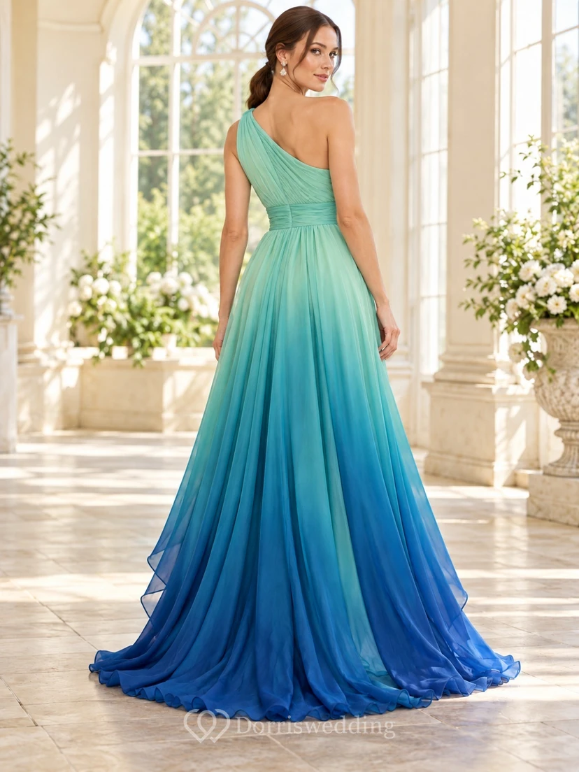 High-low Turquoise Blue Ombre One Shoulder Chiffon Formal Evening Gown view 2