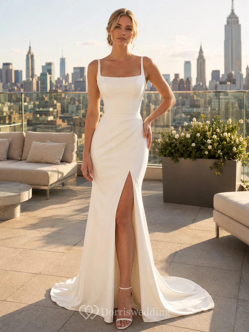 Vestido de novia minimalista de satén, corte recto, escote cuadrado, sin mangas, cola larga y abertura.