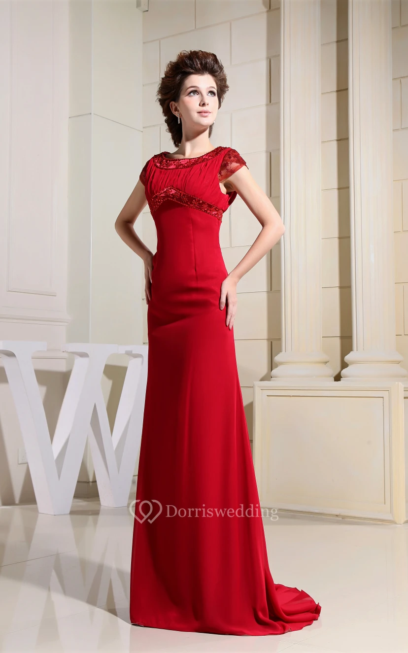 Chiffon Short-Sleeve Floor-Length Dress With Beading and Ruching view 3
