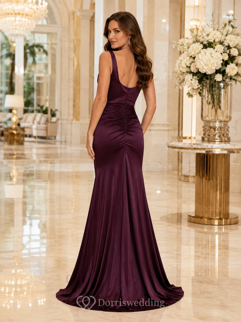 Plum Sleeveless Satin Mermaid Slit Formal Dress view 2