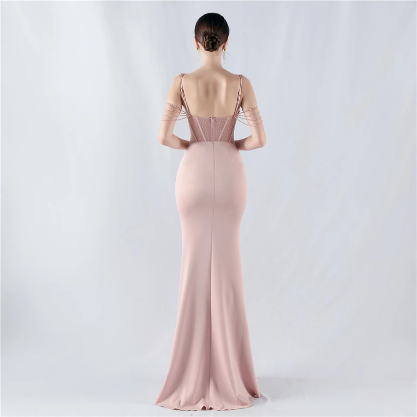 Vestido de noche con cintura de espiga, bordado de diamantes de imitación, ideal para banquetes y presentaciones. view 29