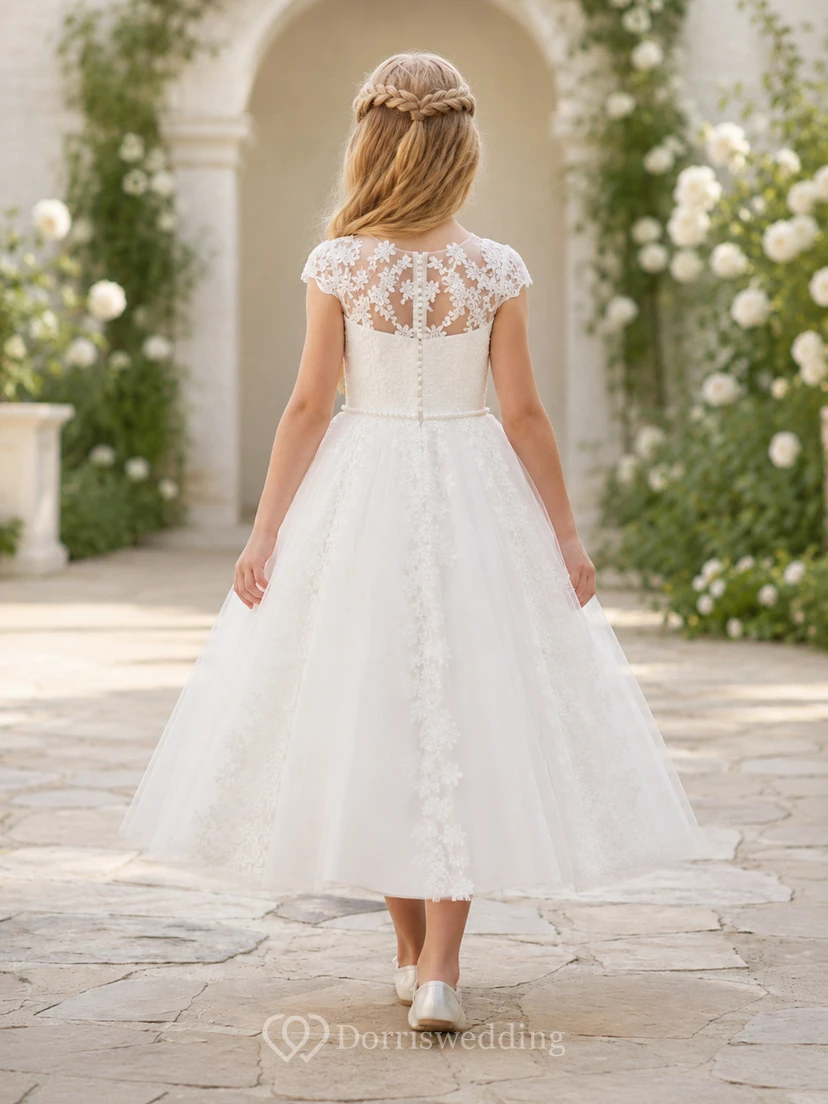 Vestido de niña de las flores para la Primera Comunión, de largo midi, con encaje transparente y mangas cortas. view 2