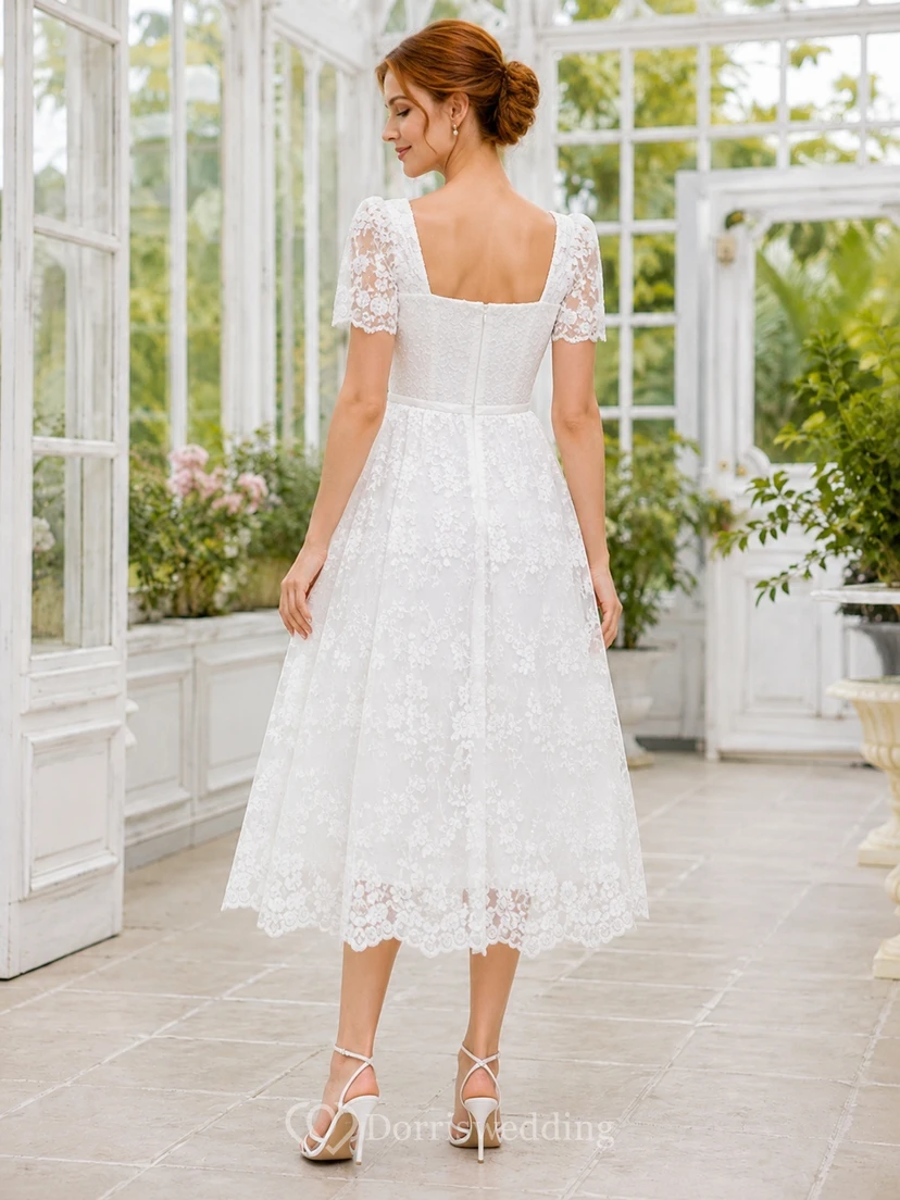 Vintage Square Neck Short Sleeve Lace A-Line Tea-Length Civil Wedding Dress view 2