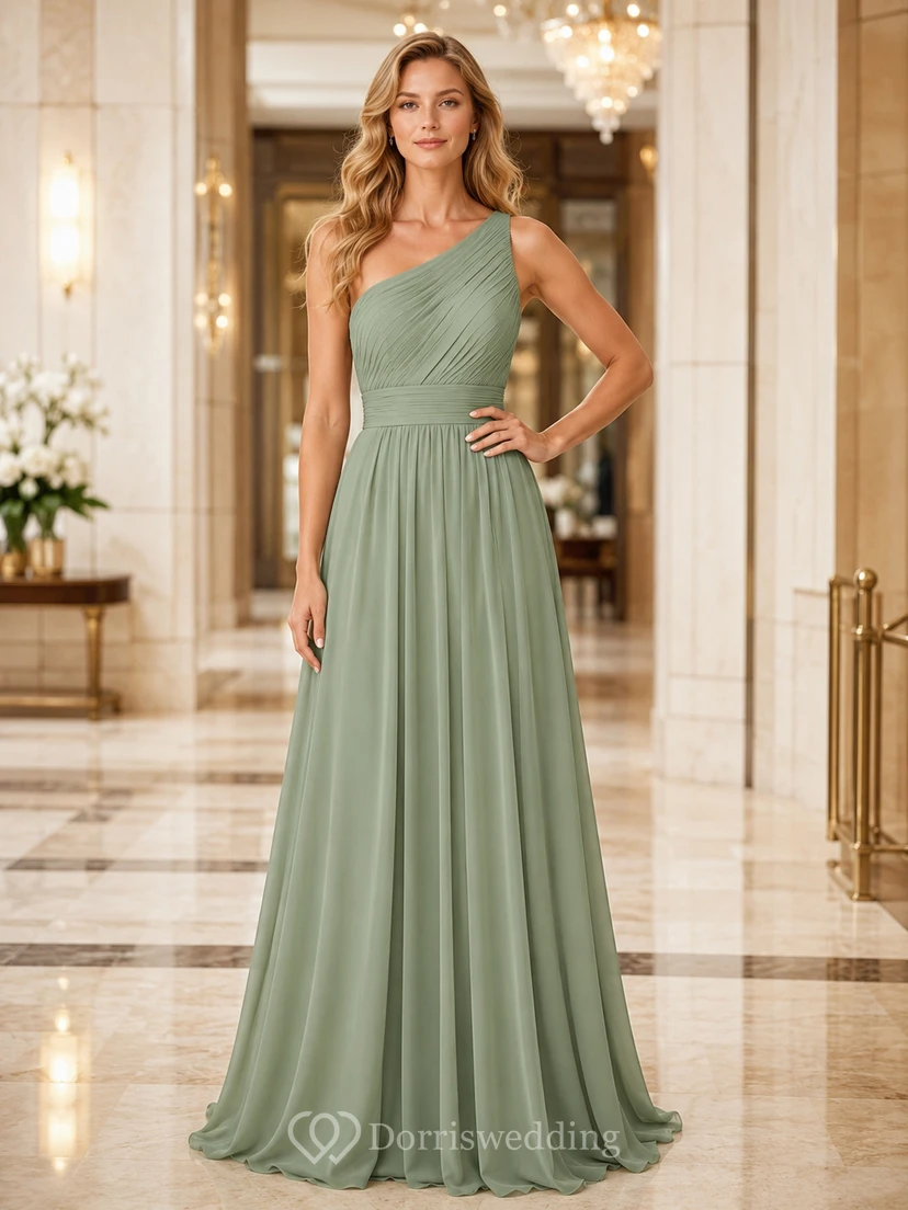 Luxury Hotel Formal Sage Simple Elegant A-Line Chiffon Bridesmaid Dress with One-Shoulder Sleeveless Floor-Length Pleated Open Back