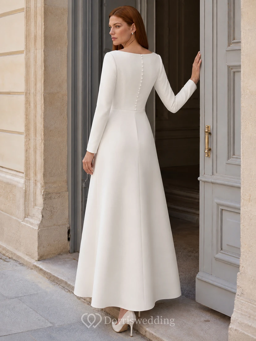 Robe de mariée civile minimaliste en satin, coupe trapèze, manches longues, style bateau, longueur cheville view 2