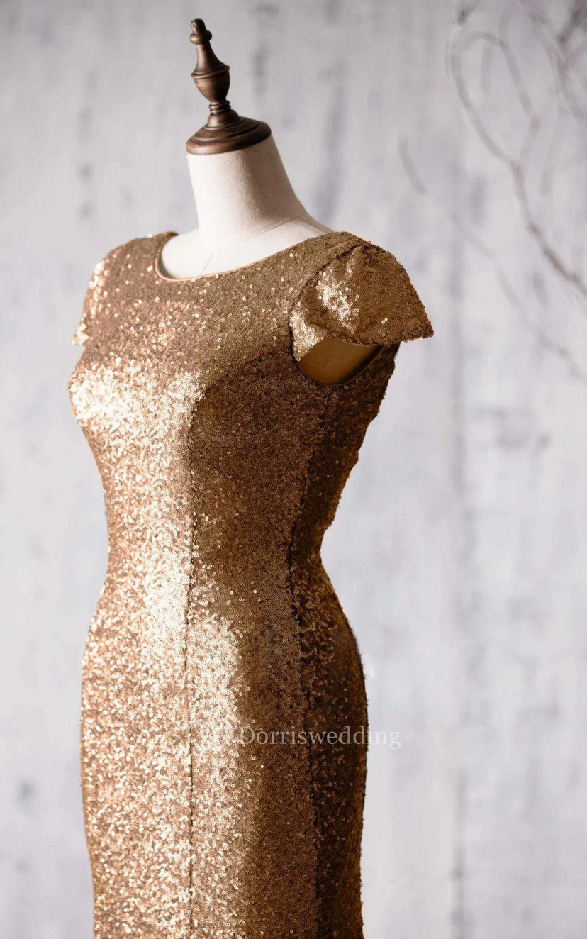 Bateau Cap Sleeve Sequined Mermaid Long Dress With V Back view 5