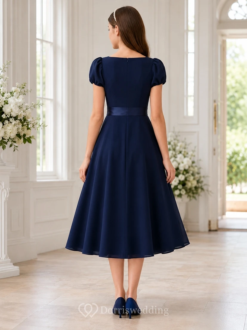 Dunkelblaues Brautjungfernkleid für junge Damen, A-Linie, eckige kurze Puffärmel, Teelänge, Schleifendetail, dezent view 2