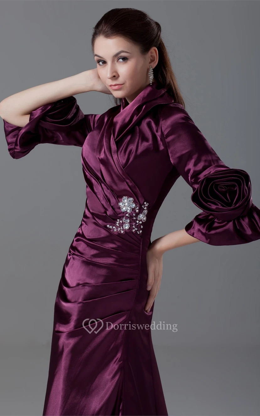 Exquisites, seitlich gerafftes, langärmeliges Kleid mit Perlenstickerei und Blumenmuster view 4