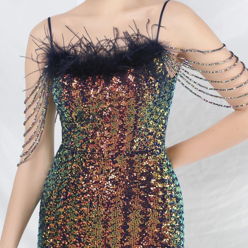 Craft Beaded Ostrich Feather Fantasy Sequined Long Evening Dress view 53