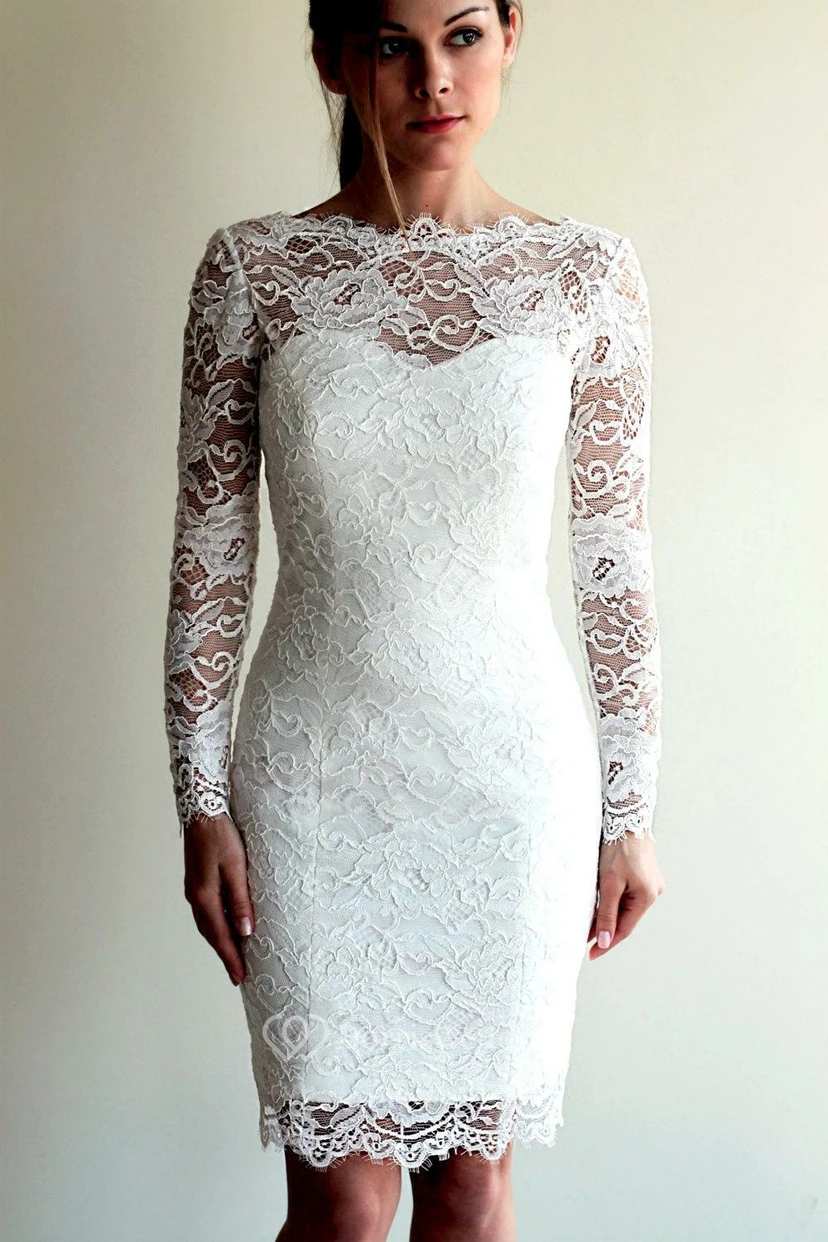 Robe de mariée courte en dentelle blanche | Robe de mariée décontractée longueur genou avec manches view 12