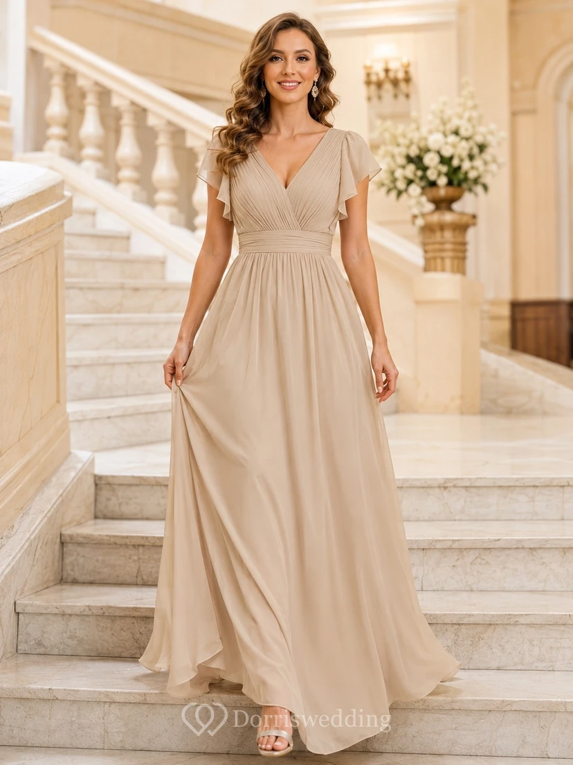 Elegante vestido de noche de gasa color champán con escote en V, manga corta y corte en A