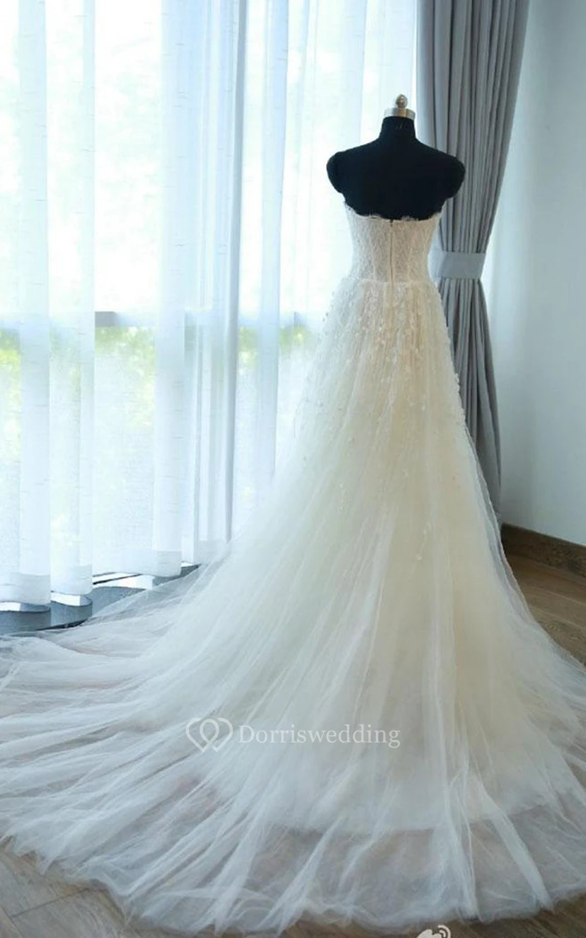 A-Line Tea-Length Sweetheart Sleeveless Bell Flower Zipper Keyhole Tulle Lace Satin Dress view 4
