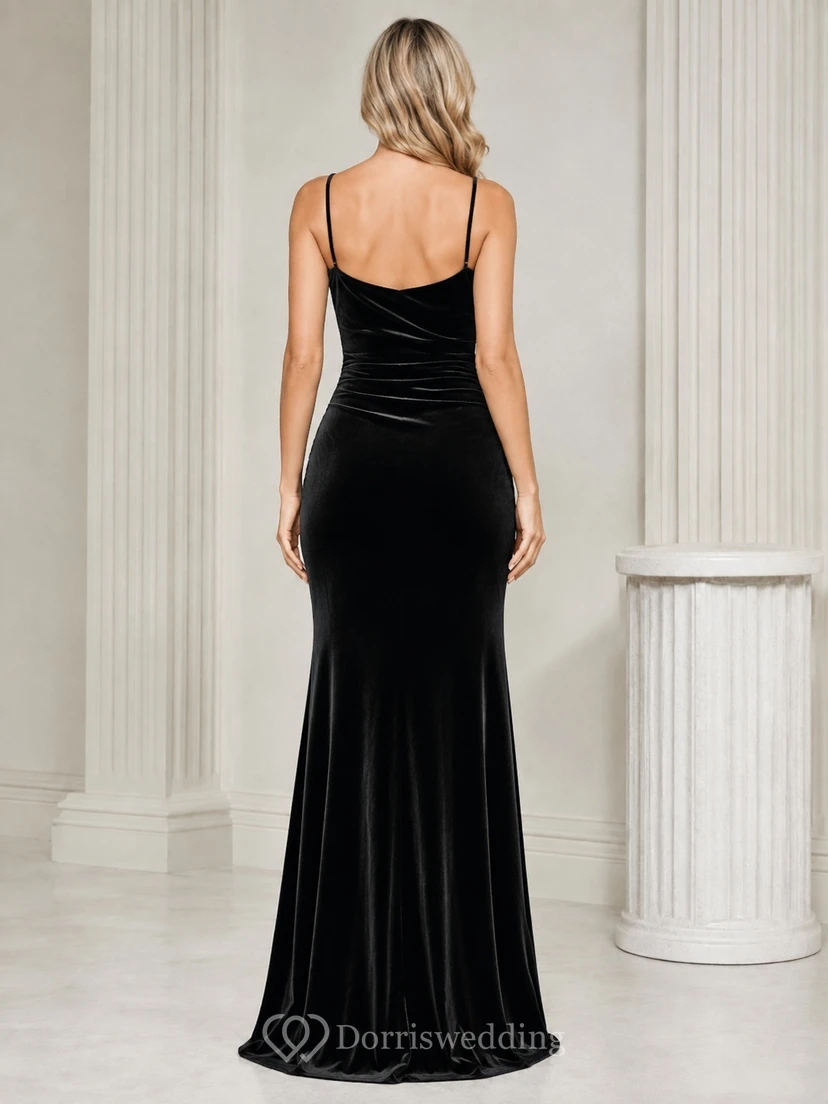 Black Velvet Cowl Neck Spaghetti Strap Ruching Floor-length Evening Dress view 2