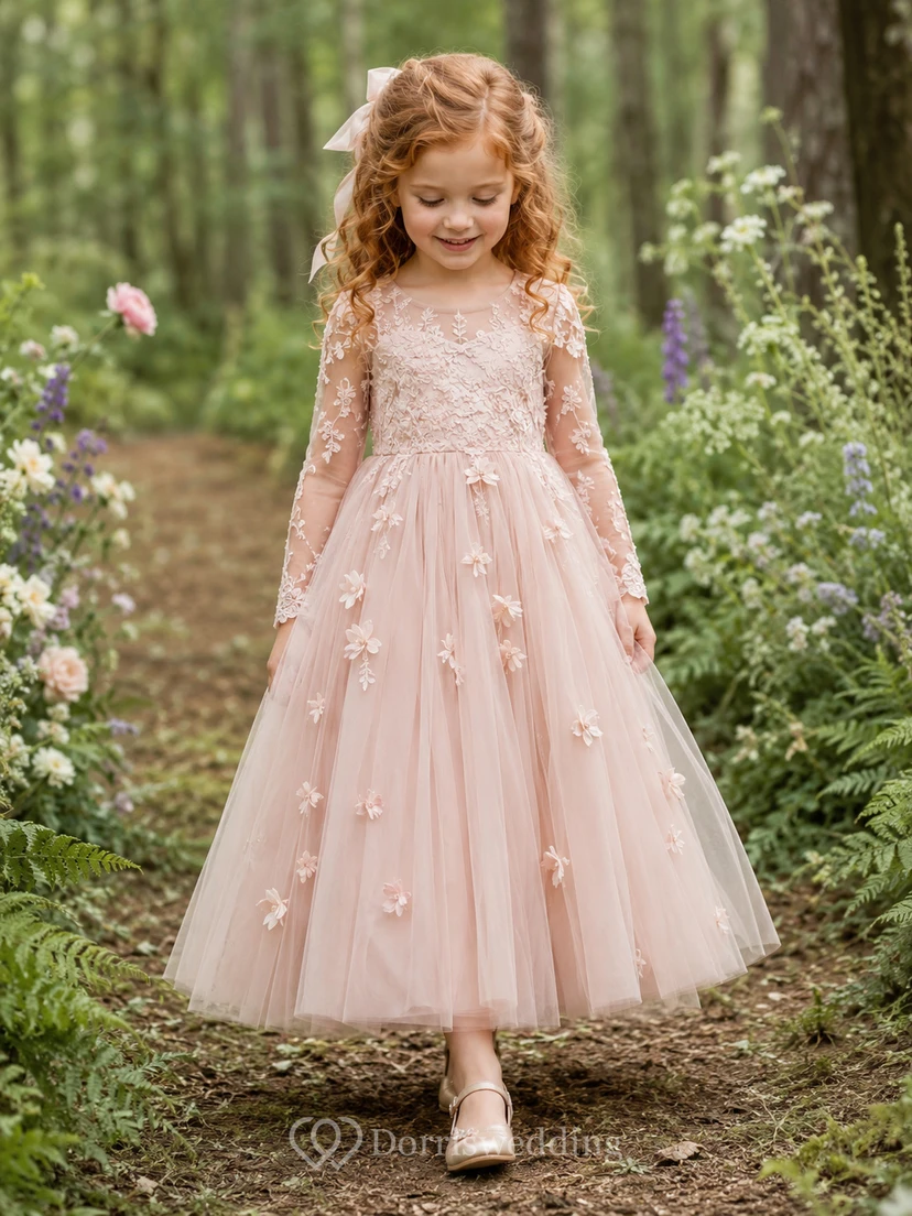 A-Line Flowergirl Pink Lace Tulle Floor-Length Long Sleeve Floral Woodland Wedding Dress