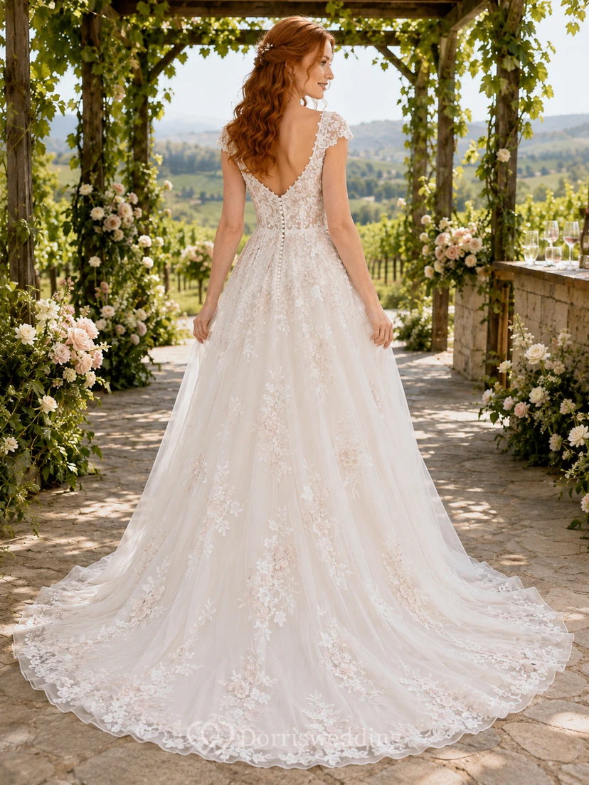 Kleid mit kurzen Ärmeln, floraler Spitze, rosafarbenem Weinrot, A-Linie view 2
