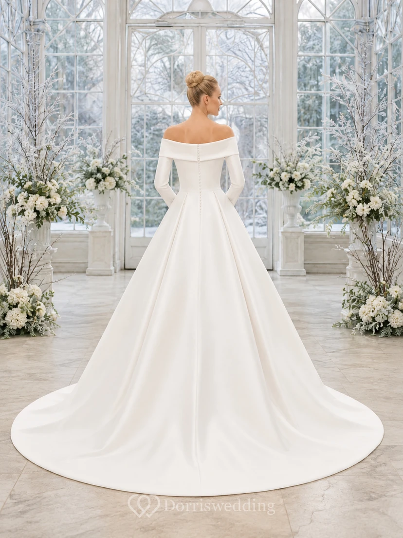 Robe de bal élégante en satin à épaules dénudées et manches longues, avec traîne chapelle, idéale pour un mariage d'hiver view 2