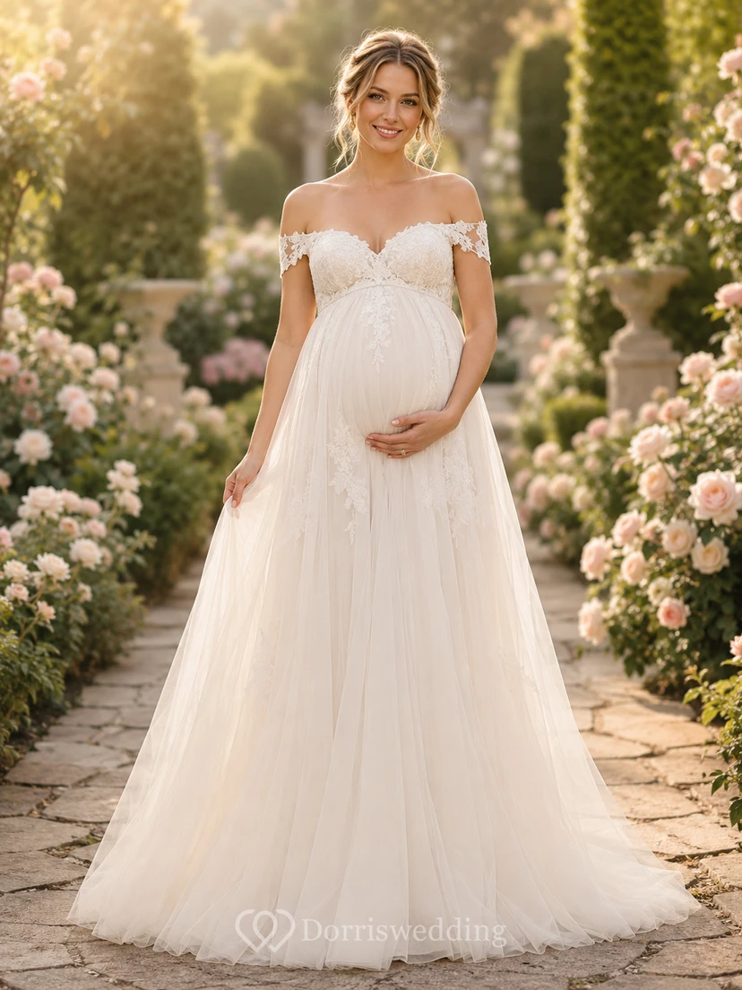 Vestido de novia premamá, vestido de baile de tul con hombros descubiertos, corpiño de encaje y cola suave.
