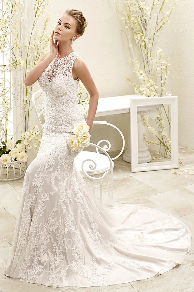 Sheath Long-Sleeveless High Neck Lace Wedding Dress With Appliques And Illusion view 4