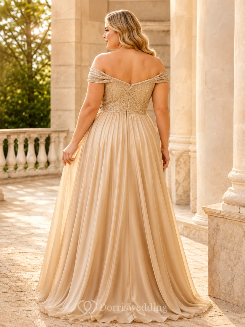 Elegante vestido de talla grande color champán con escote Bardot, mangas cortas y encaje de gasa, corte en A. view 2