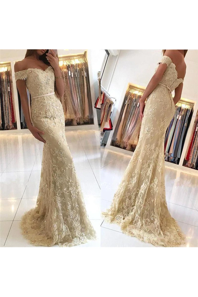Mermaid Trumpet Lace Tulle Off-the-shoulder Short Sleeve Button Zipper Dress