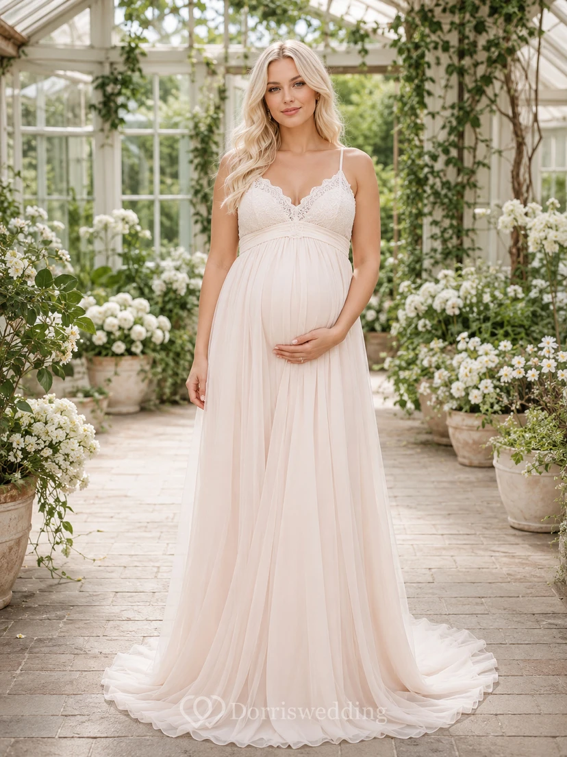 Vestido de novia de invierno con tirantes finos y corpiño de encaje para embarazadas