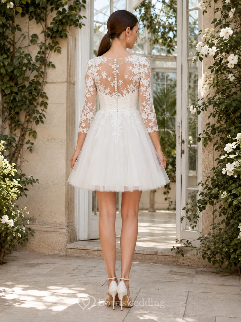 White Lace Jewel Neck Three-Quarter Sleeve A-Line Short Modest Dress view 2