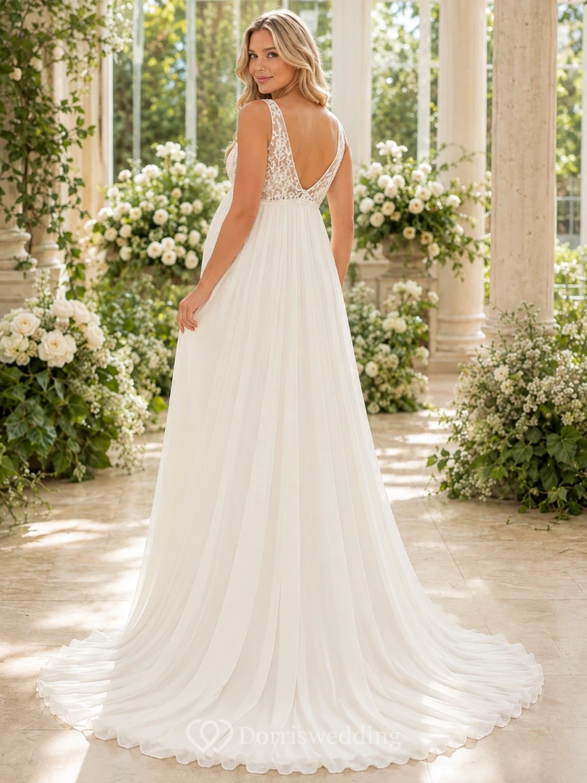 Vestido de novia de corte A con escote en V y cola larga, ideal para fugas románticas premamá. view 2