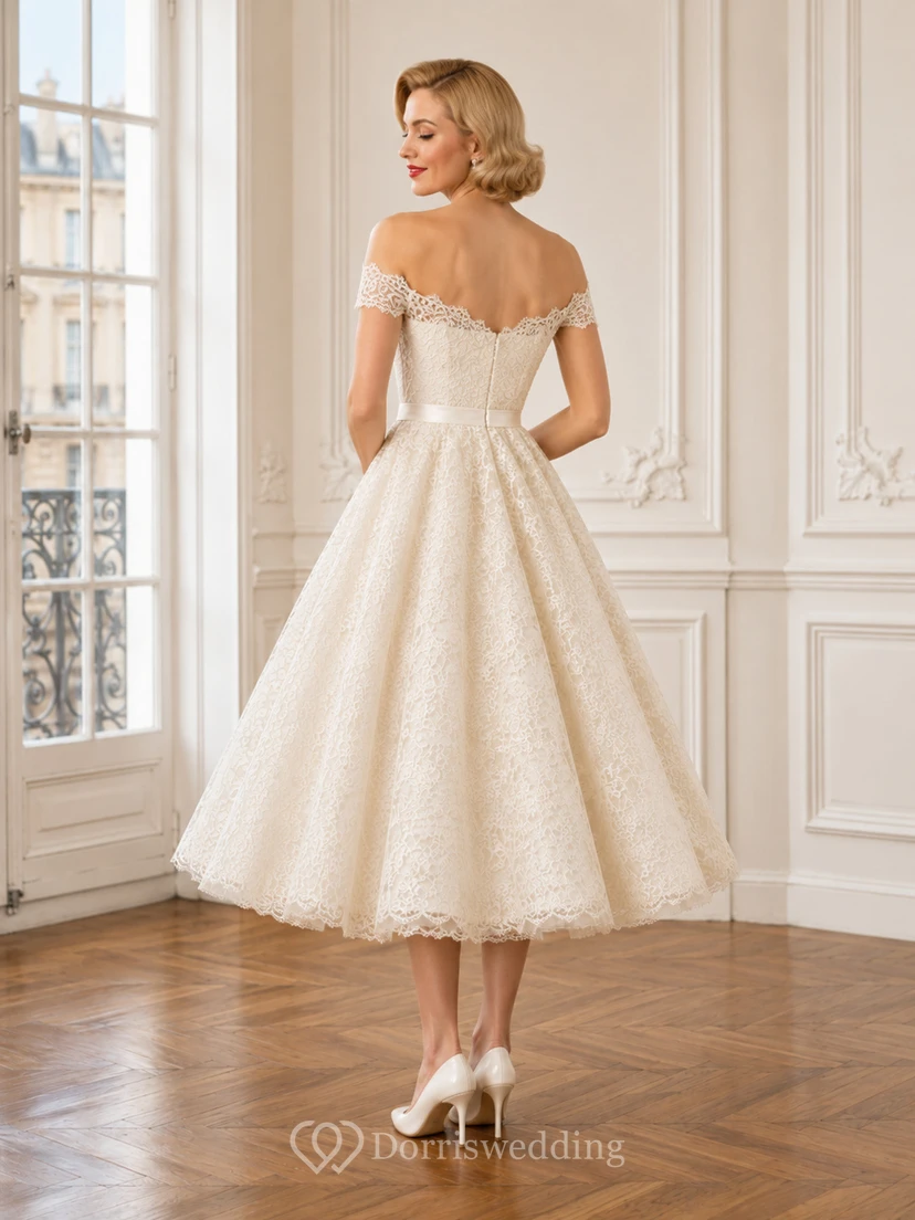 Vestido de recepción nupcial vintage de los años 50, largo hasta la rodilla, con hombros descubiertos y encaje, corte en A. view 2