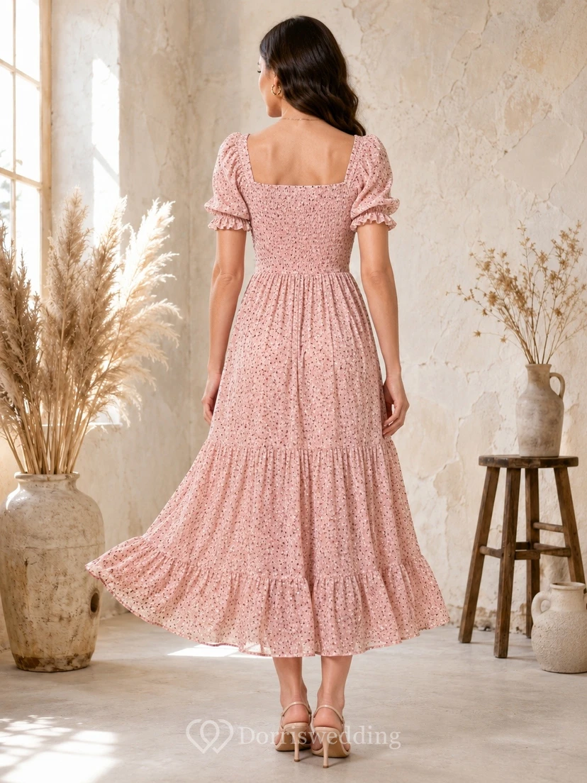 Boho-Gästekleid in Teelänge mit Blumenmuster und Puffärmeln in Perlmuttrosa view 2