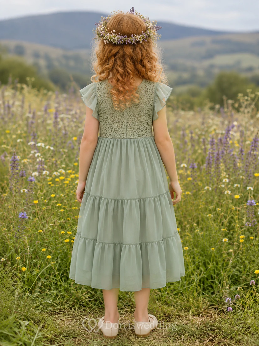 Blumenmädchenkleid aus salbeifarbenem Spitzentüll, A-Linie, kurze Ärmel, Rundhalsausschnitt, Teelänge, Rüschenbesatz, Stufenrock view 2