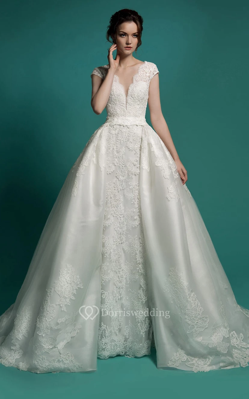 Robe sirène longue en dentelle à col V, manches courtes, fermeture éclair, ceinture et traîne amovible