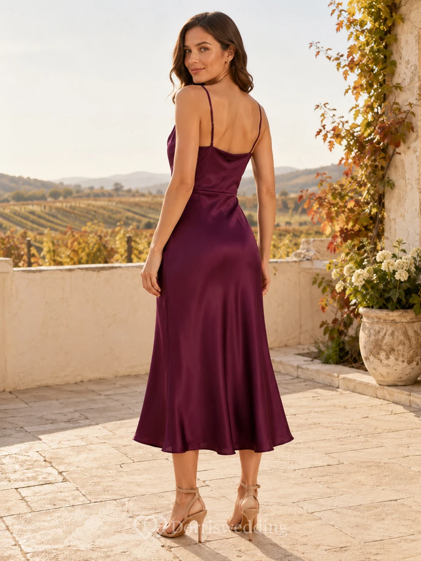 Plum Cowl Neck Spaghetti Satin Bias Midi Guest Dress view 2