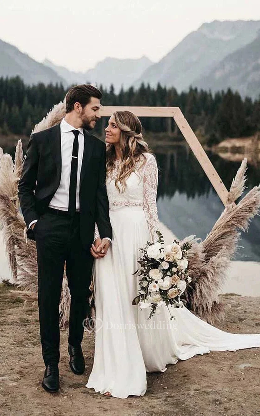 Lace Long Sleeve Scoop-neck Two Piece Chiffon Wedding Dress