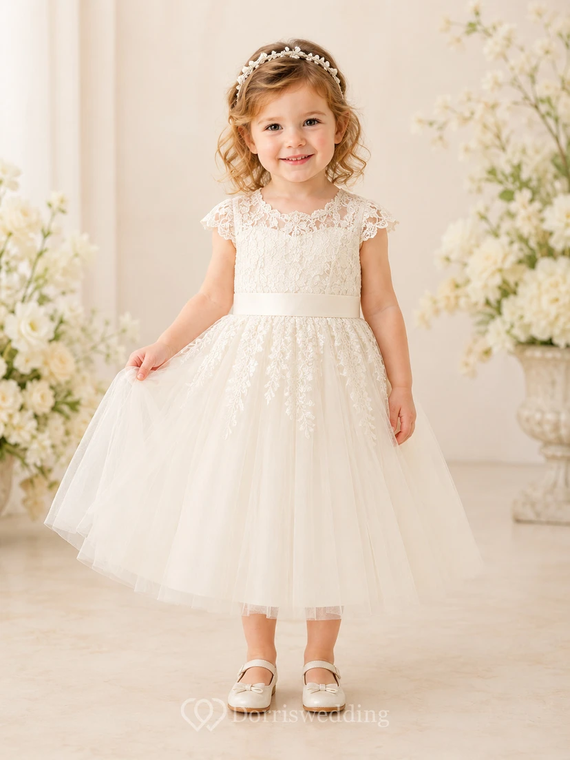 Romantic Lace Tea-Length A-Line Flower Girl Garden Wedding Dress With Cap Sleeves and Satin Bow