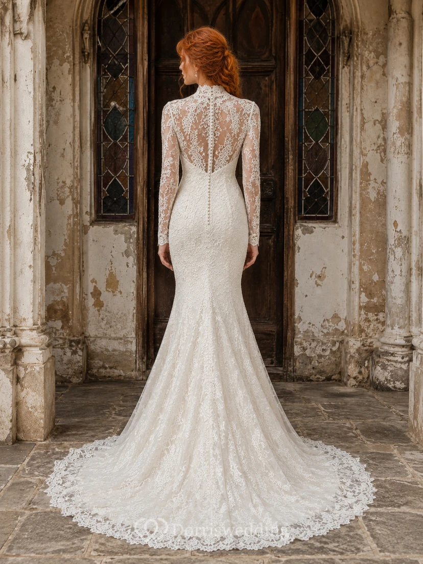 Robe de mariée sirène vintage en dentelle à col montant et manches longues view 2