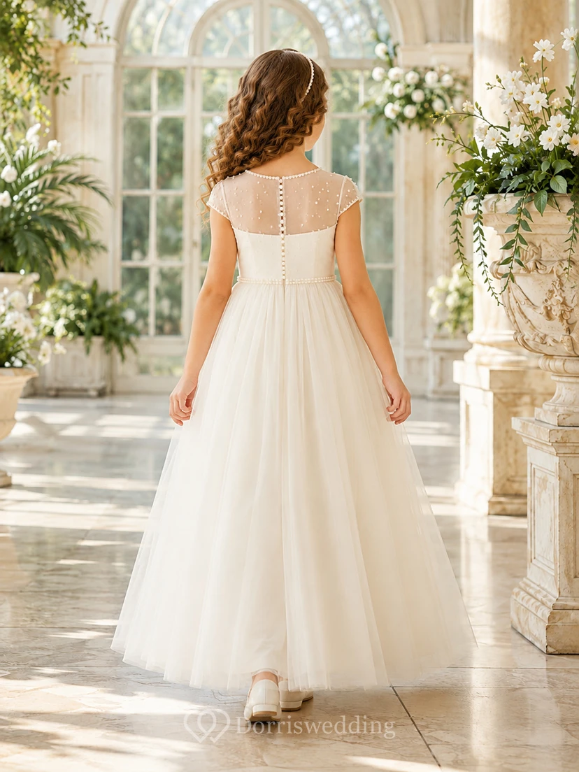 Transparentes Tüllkleid mit U-Boot-Ausschnitt, knöchellang, für Blumenmädchen, Kommunionkleid view 2