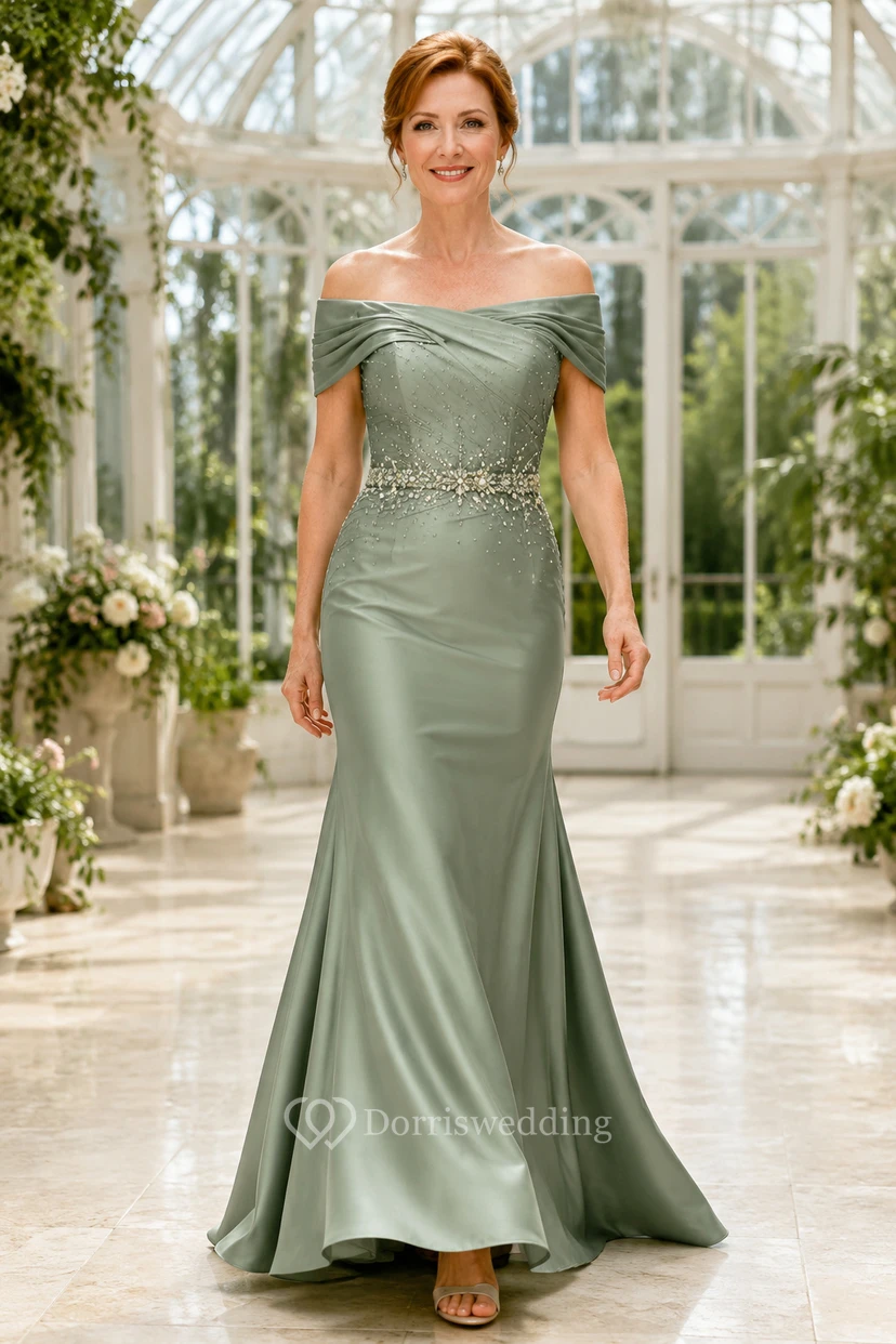Salbeigrünes schulterfreies Meerjungfrauen-Kleid aus Satin für Mütter