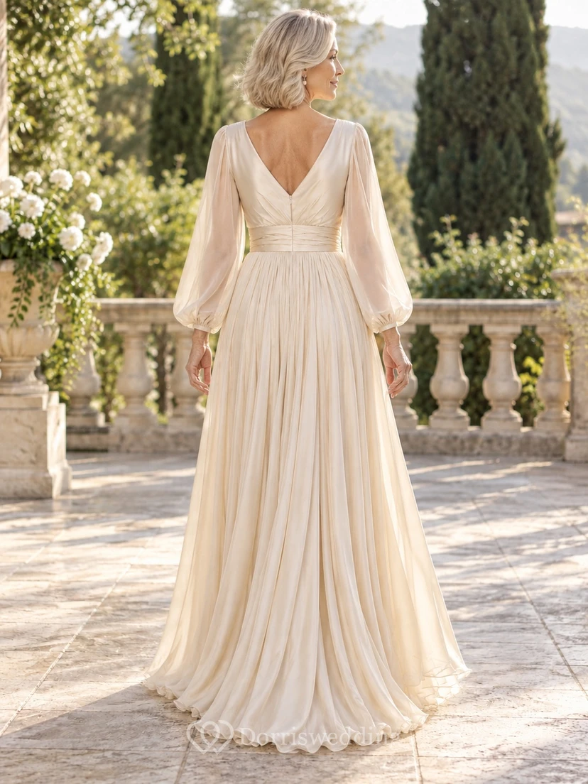 Older Brides Long Sleeve V-Neck Ruched Chiffon A-Line Floor Length Wedding Dress view 2